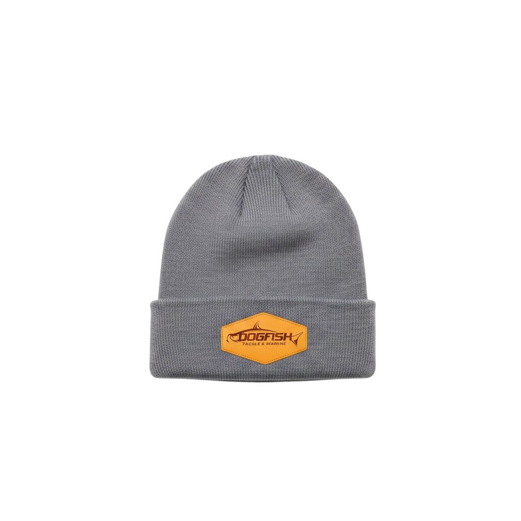 Dogfish Tackle & Marine grey polyester super stretch ribbed knit watch cap beanie with a 2 1/2" cuff and orange leather patch logo.