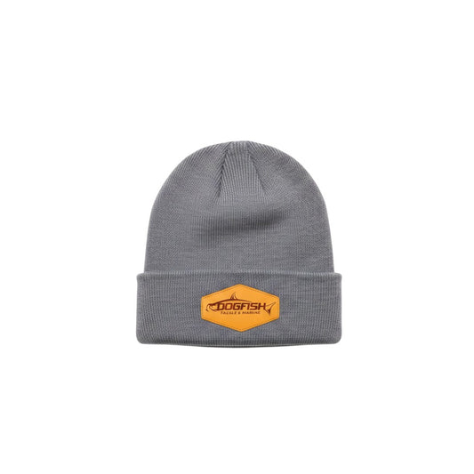 Dogfish Tackle & Marine grey polyester super stretch ribbed knit watch cap beanie with a 2 1/2" cuff and orange leather patch logo.