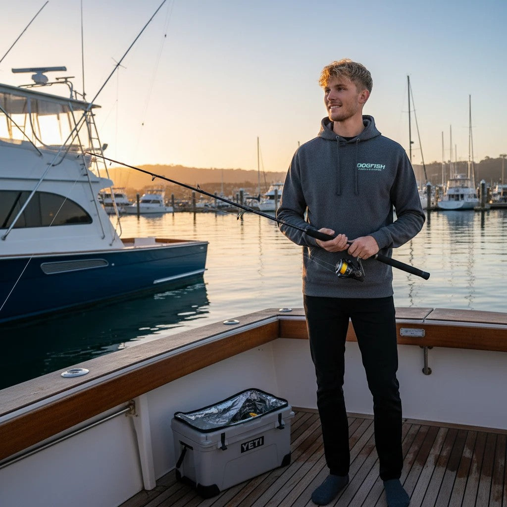 Dogfish Tackle & Marine grey cotton blend midweight hoodie with octopus logo on chest, worn by a man fishing on a boat.