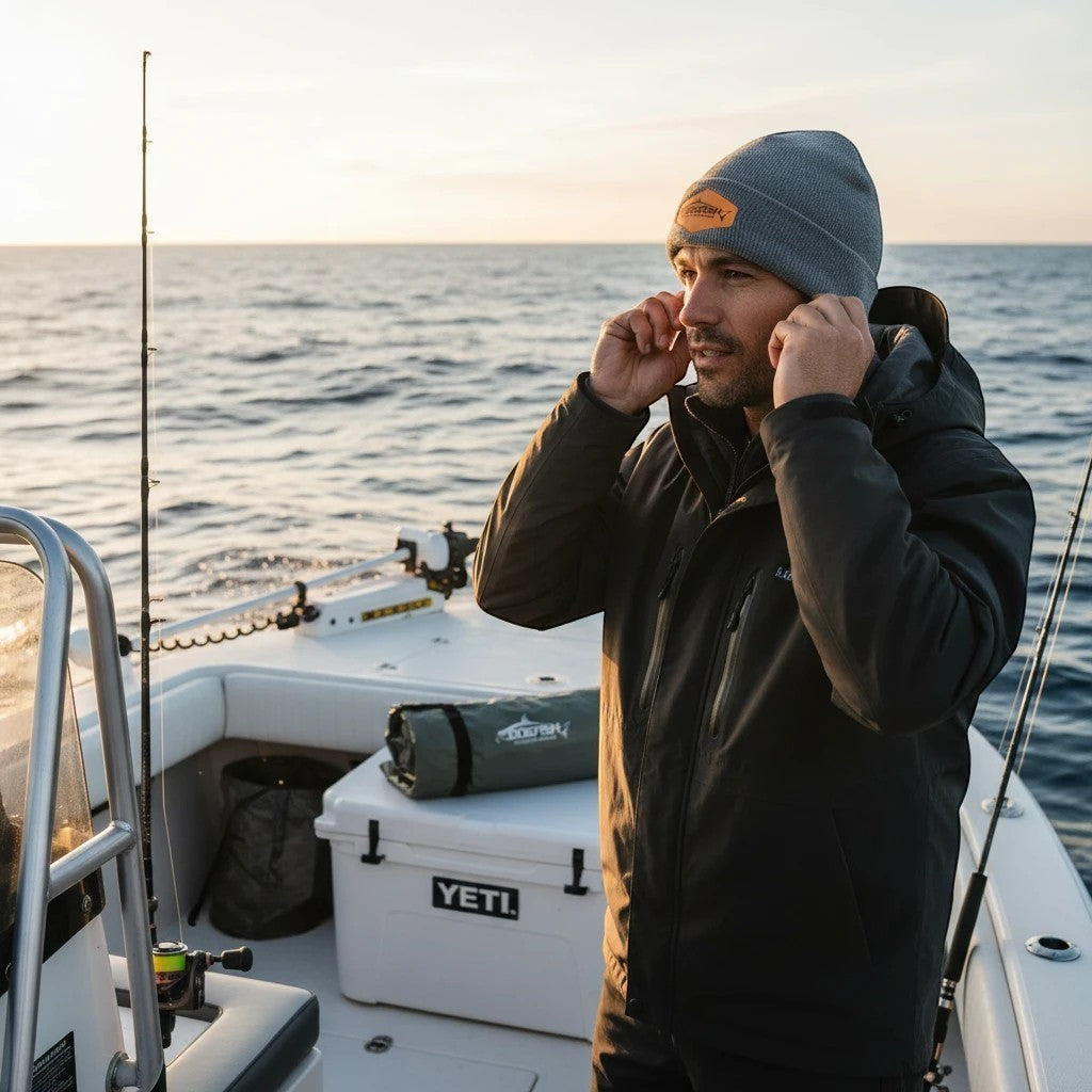Dogfish Tackle & Marine grey polyester stretch watch cap beanie with leather patch, worn by a man on a boat.