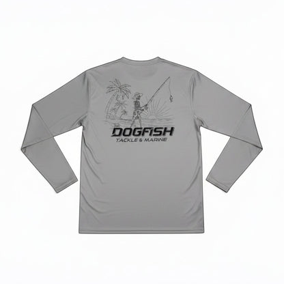 Dogfish Tackle & Marine grey long sleeve microfiber performance shirt with skeleton fishing graphic on beach.