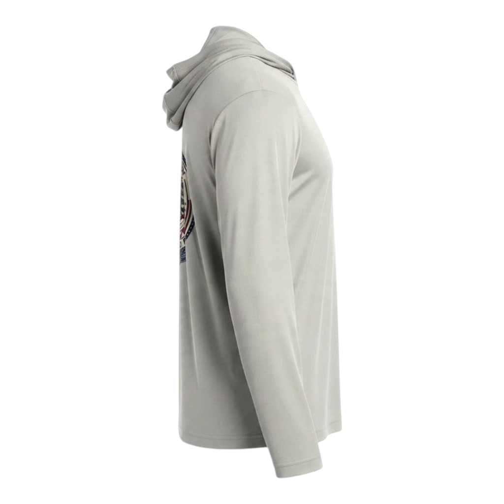 Side view of a Dogfish Tackle & Marine grey long sleeve performance hoodie with a patriotic 4th of July logo.