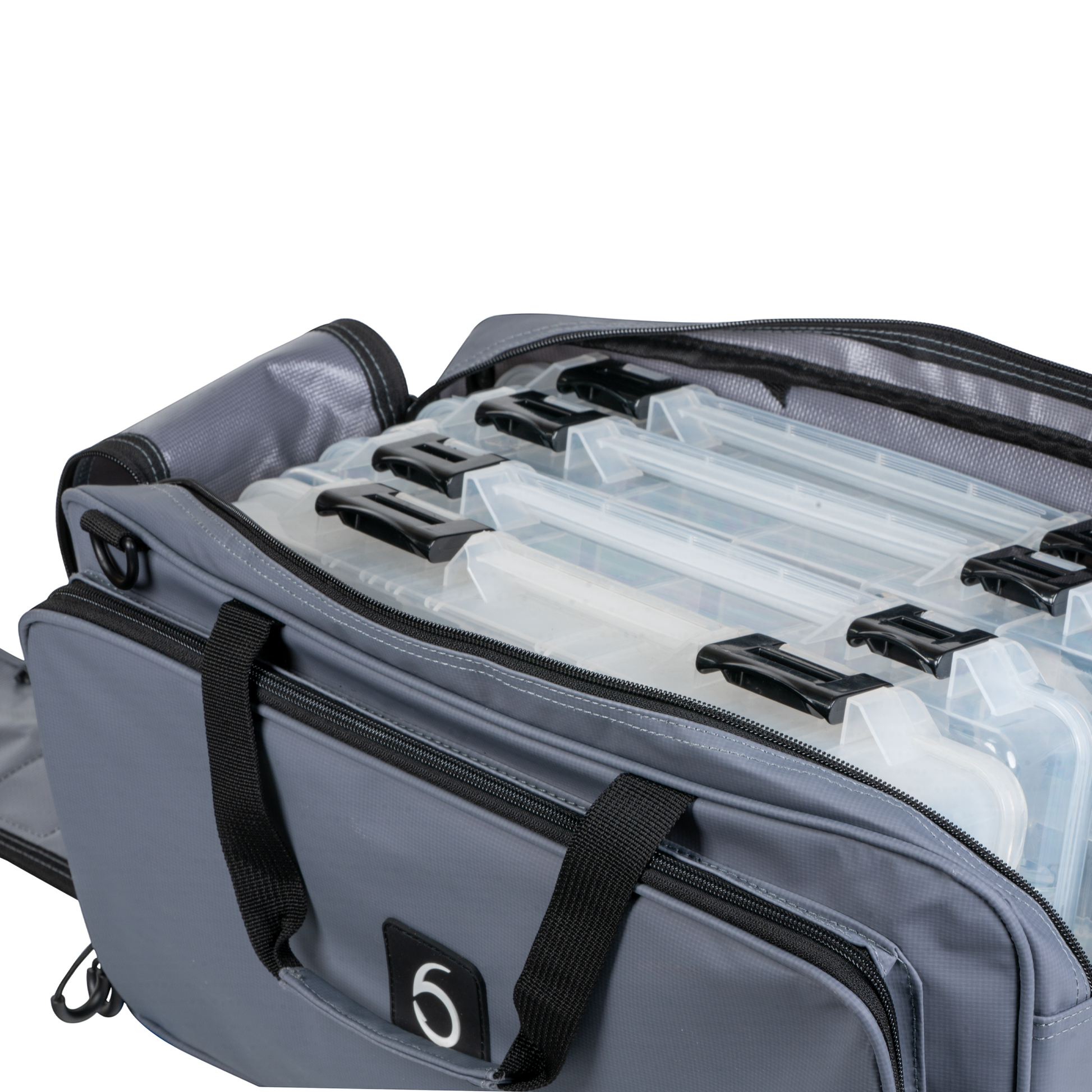 Dogfish Tackle & Marine 6th Sense grey water-resistant travel bait bag filled with clear plastic tackle boxes