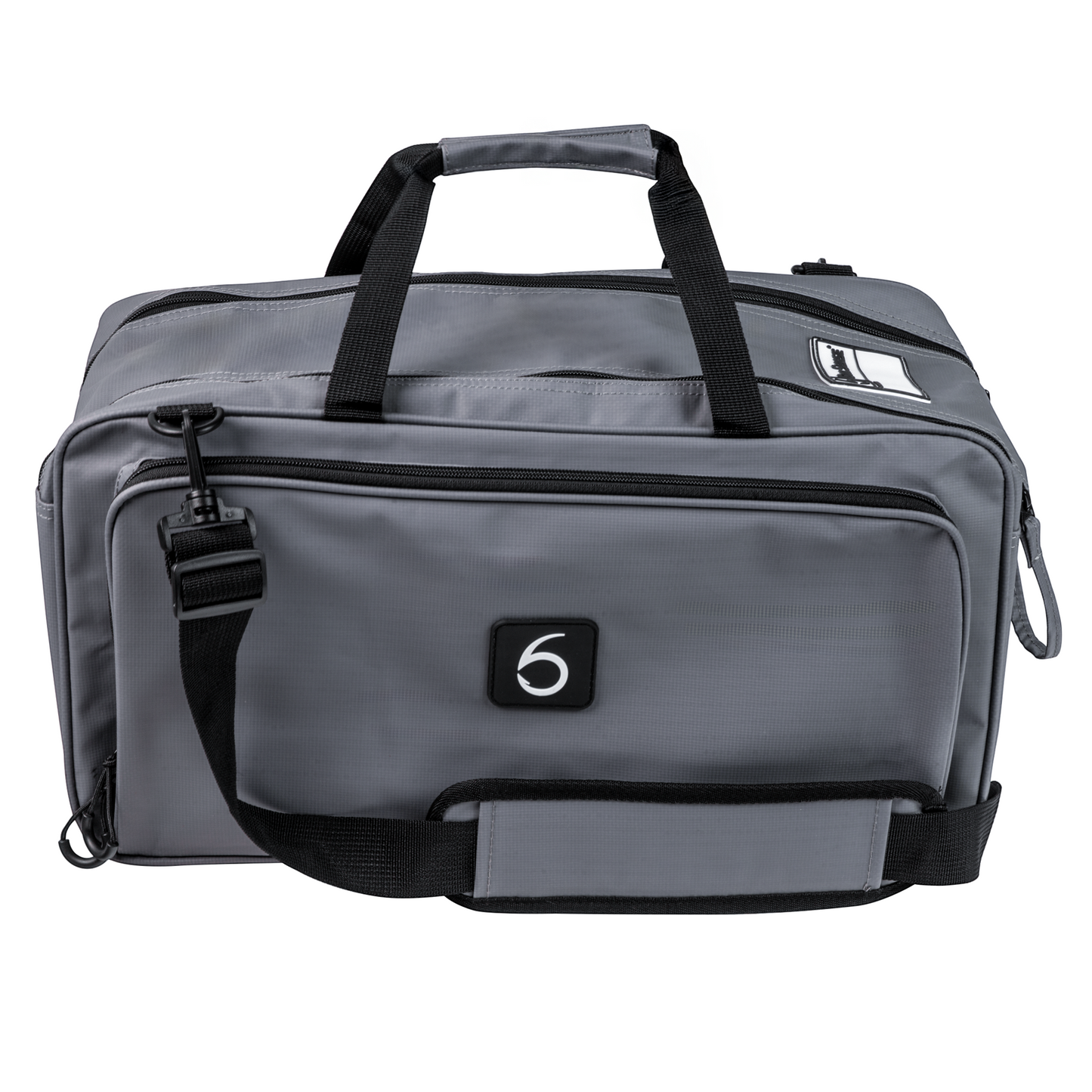 Dogfish Tackle & Marine 6th Sense grey travel bait bag with shoulder strap, carry handles, and zippered pockets.