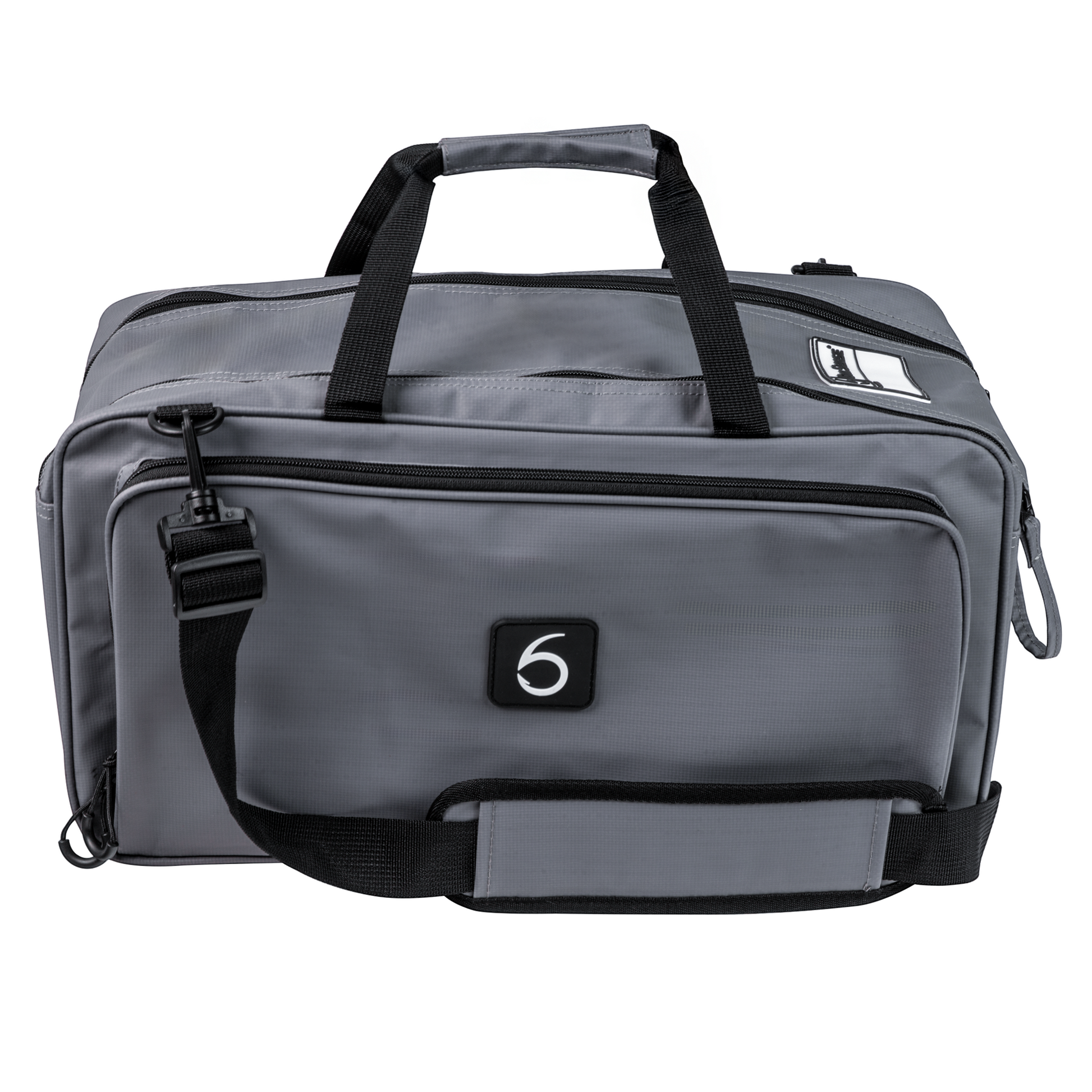 Dogfish Tackle & Marine 6th Sense grey travel bait bag with shoulder strap, carry handles, and zippered pockets.