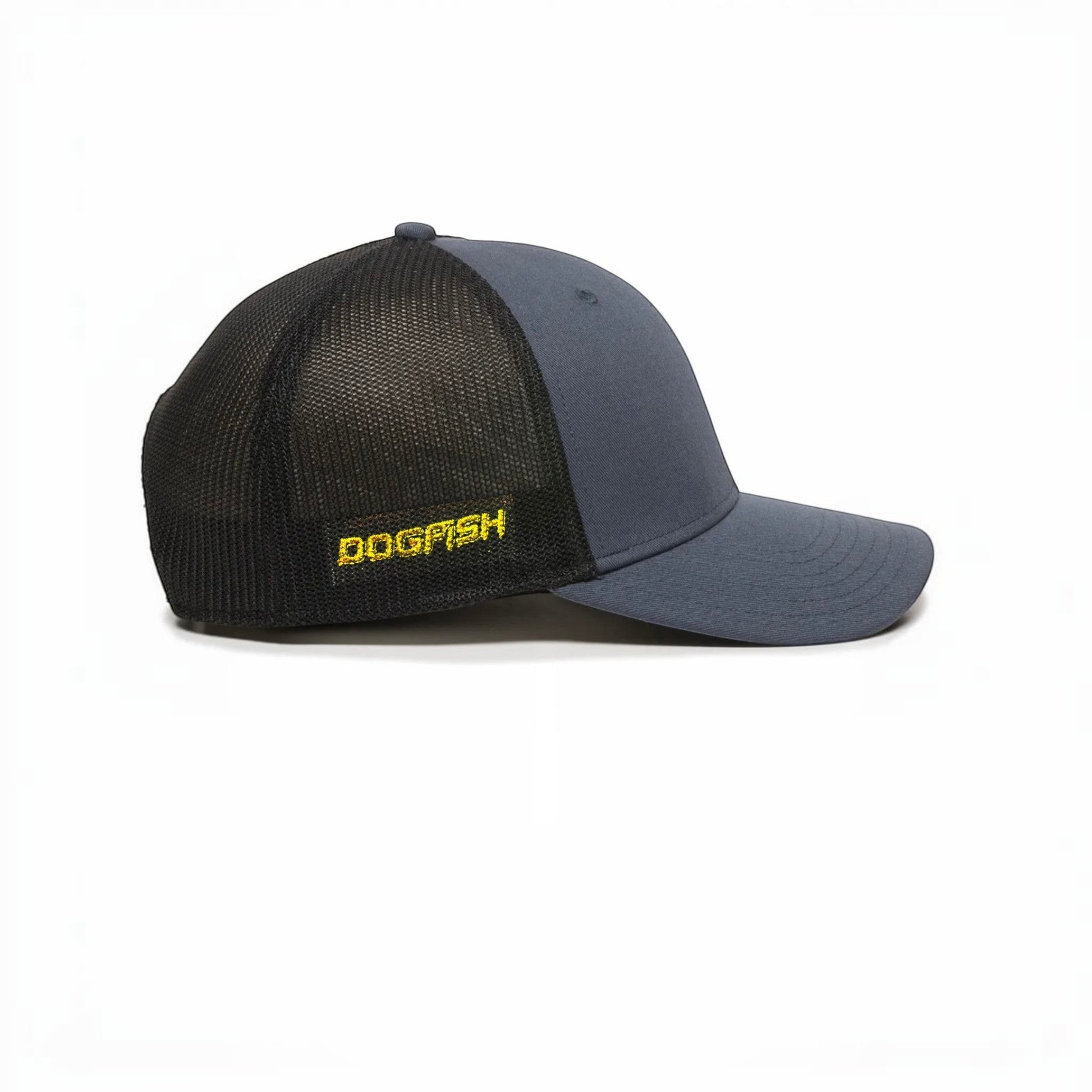 Dogfish Tackle & Marine grey trucker hat with black mesh back and yellow embroidered logo.