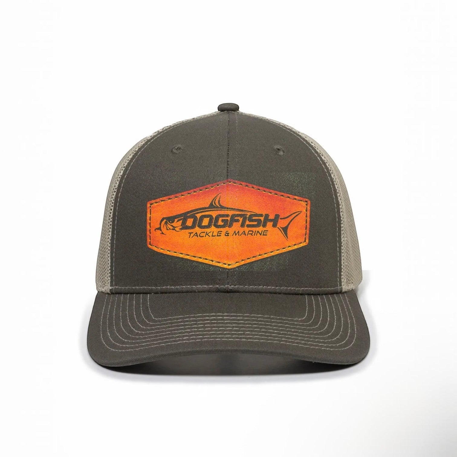 Dogfish Tackle & Marine grey trucker hat with mesh back and orange tarpon patch