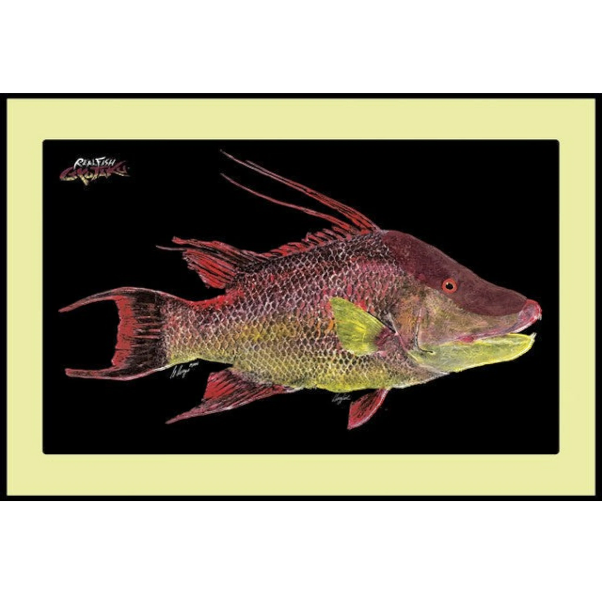Dogfish Tackle & Marine indoor outdoor floor mat featuring a detailed Gyotaku fish art print on a black background.
