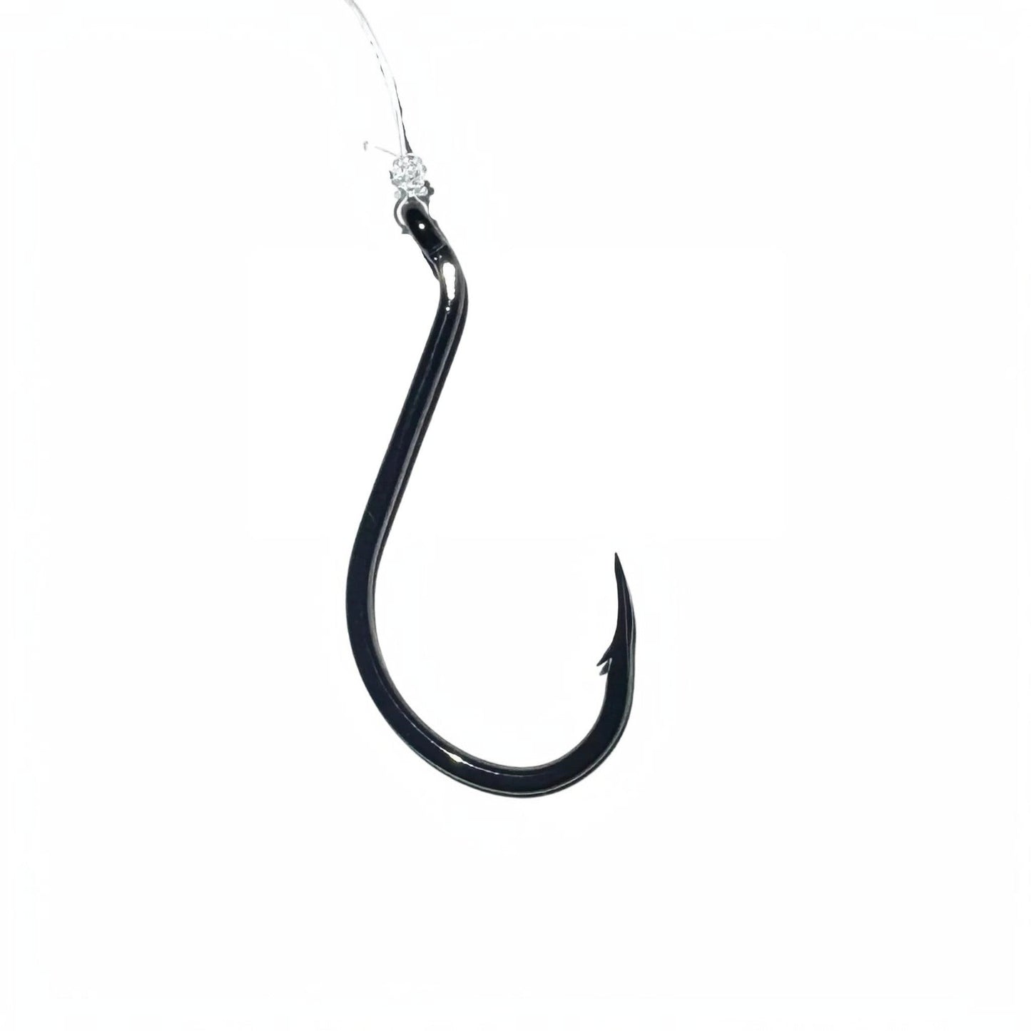 Dogfish Tackle & Marine black nickel 4/0 J hook with fluorocarbon leader and swivel, designed for hogfish and snapper.
