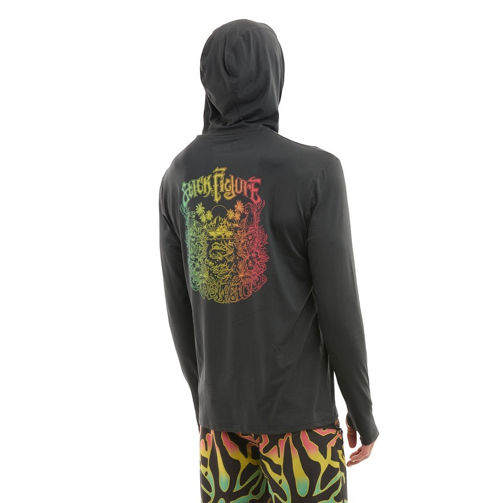 Dogfish Tackle & Marine dark grey hooded long-sleeve shirt with colorful graphic on back, thumbholes, and kangaroo pocket.