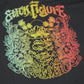 Dogfish Tackle & Marine black hooded shirt with a colorful graphic featuring a boat, fish, parrots, palm trees, and tropical foliage.