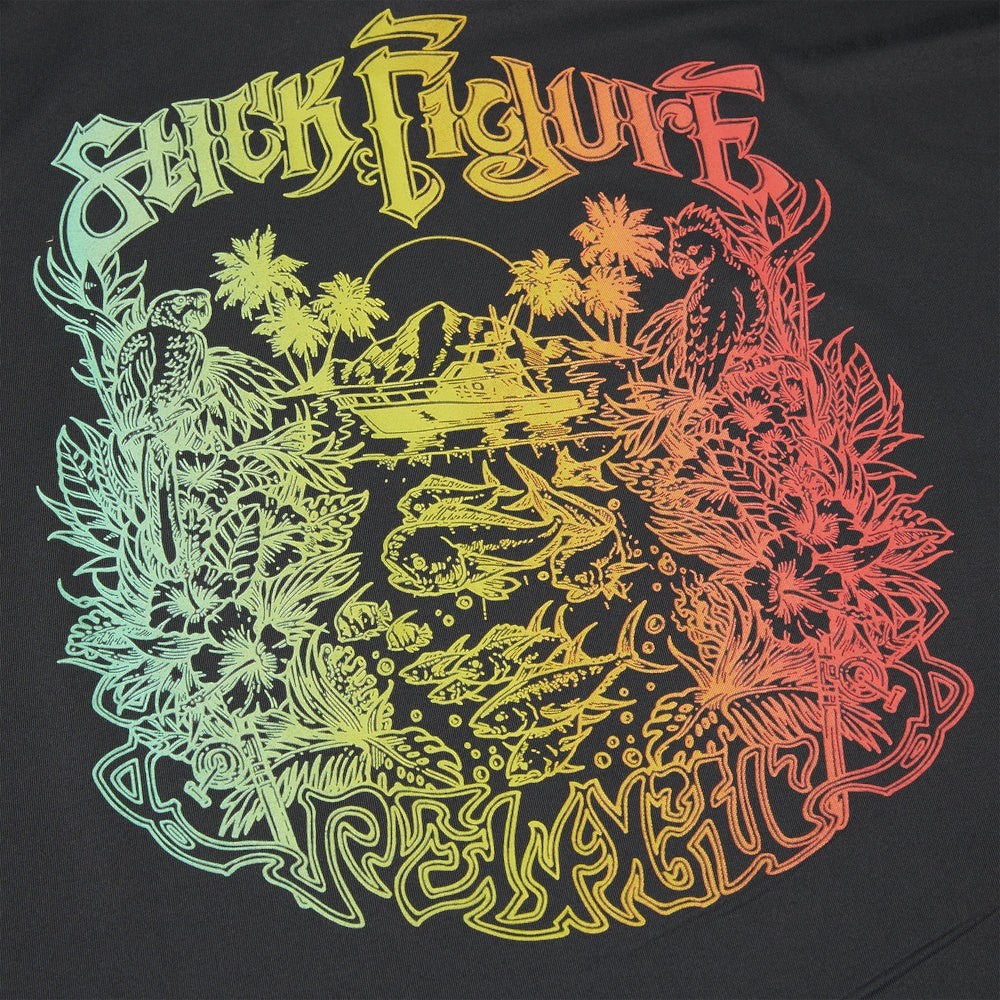 Dogfish Tackle & Marine black hooded shirt with a colorful graphic featuring a boat, fish, parrots, palm trees, and tropical foliage.