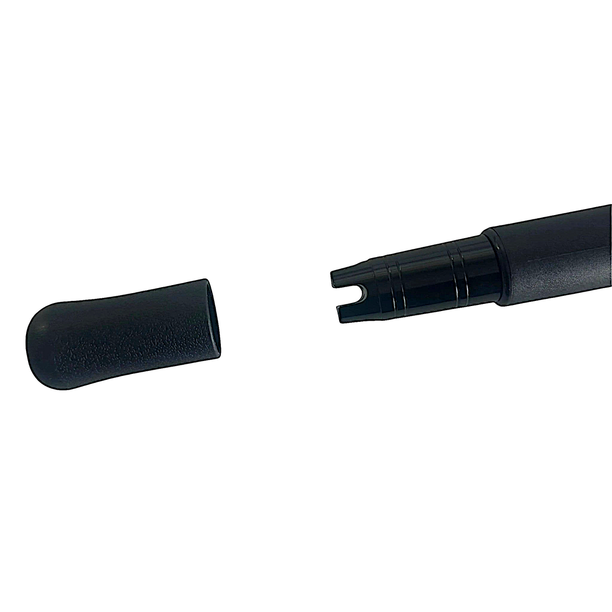 Dogfish Stik Kingfish Series conventional fishing rod tip with protective cap nearby. Black E-glass blank.