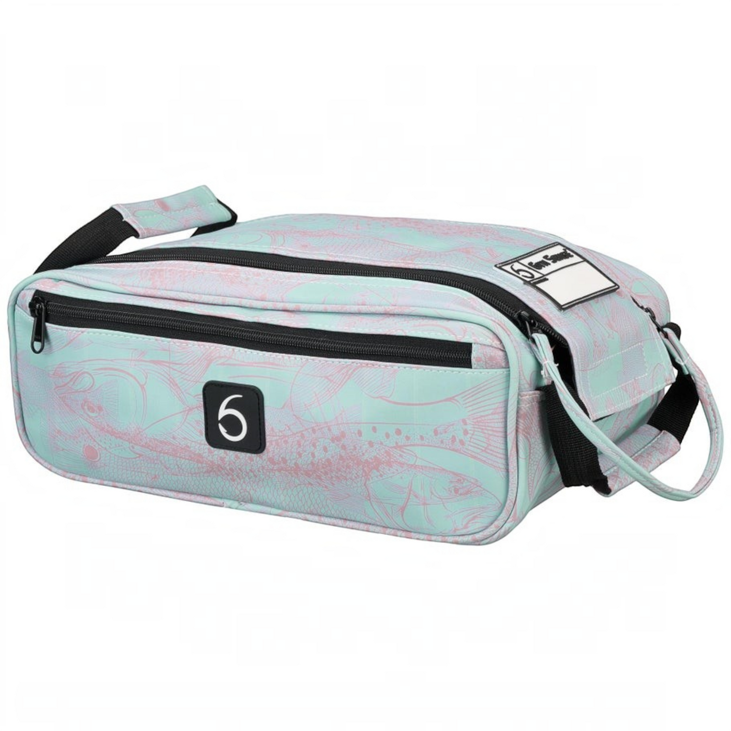 Dogfish Tackle & Marine 6th Sense large bait bag in light blue with pink fish pattern and dual-zipper closure.