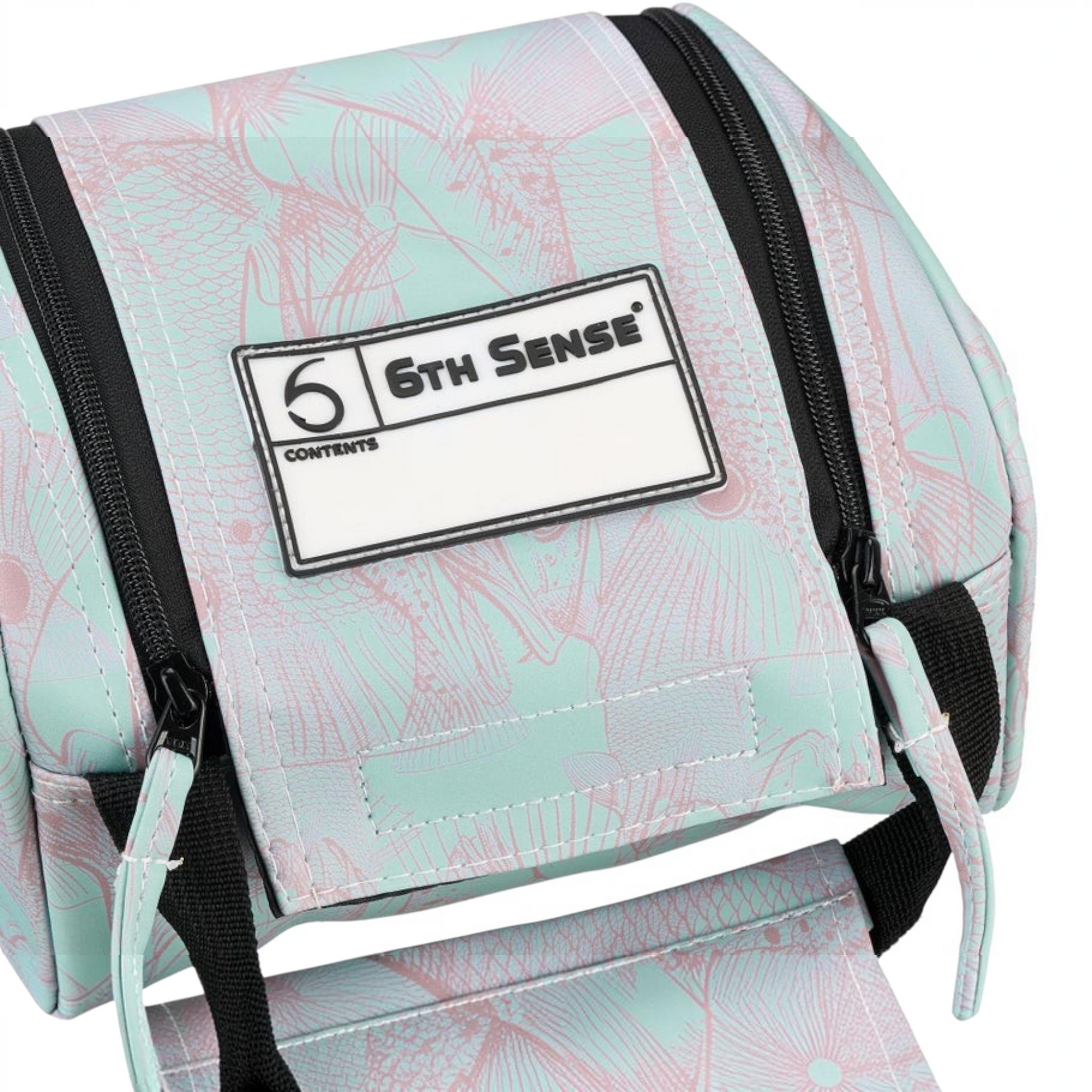 Dogfish Tackle & Marine 6th Sense large bait bag in mint green with pink fish pattern and dual-zipper closure.