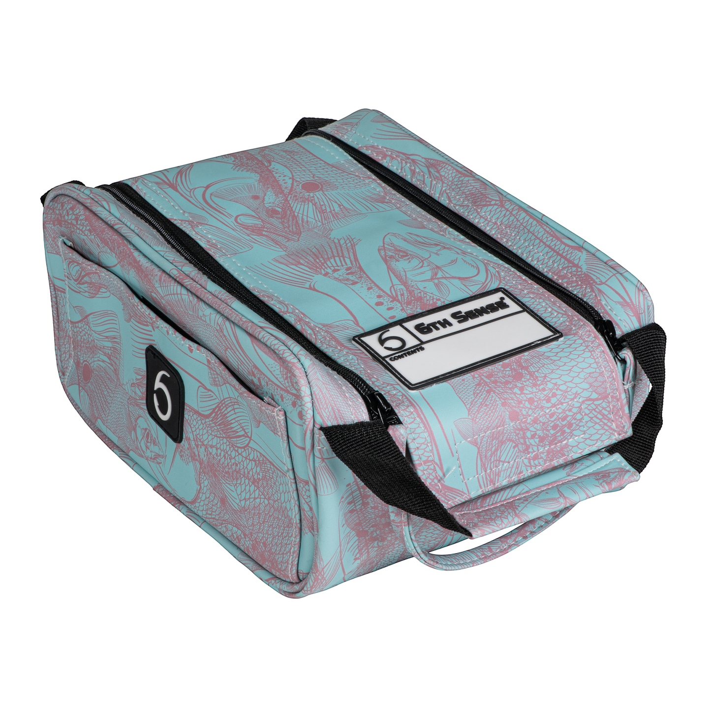 Dogfish Tackle & Marine 6th Sense large bait bag in light blue and pink with a fish pattern and dual-zipper closure.