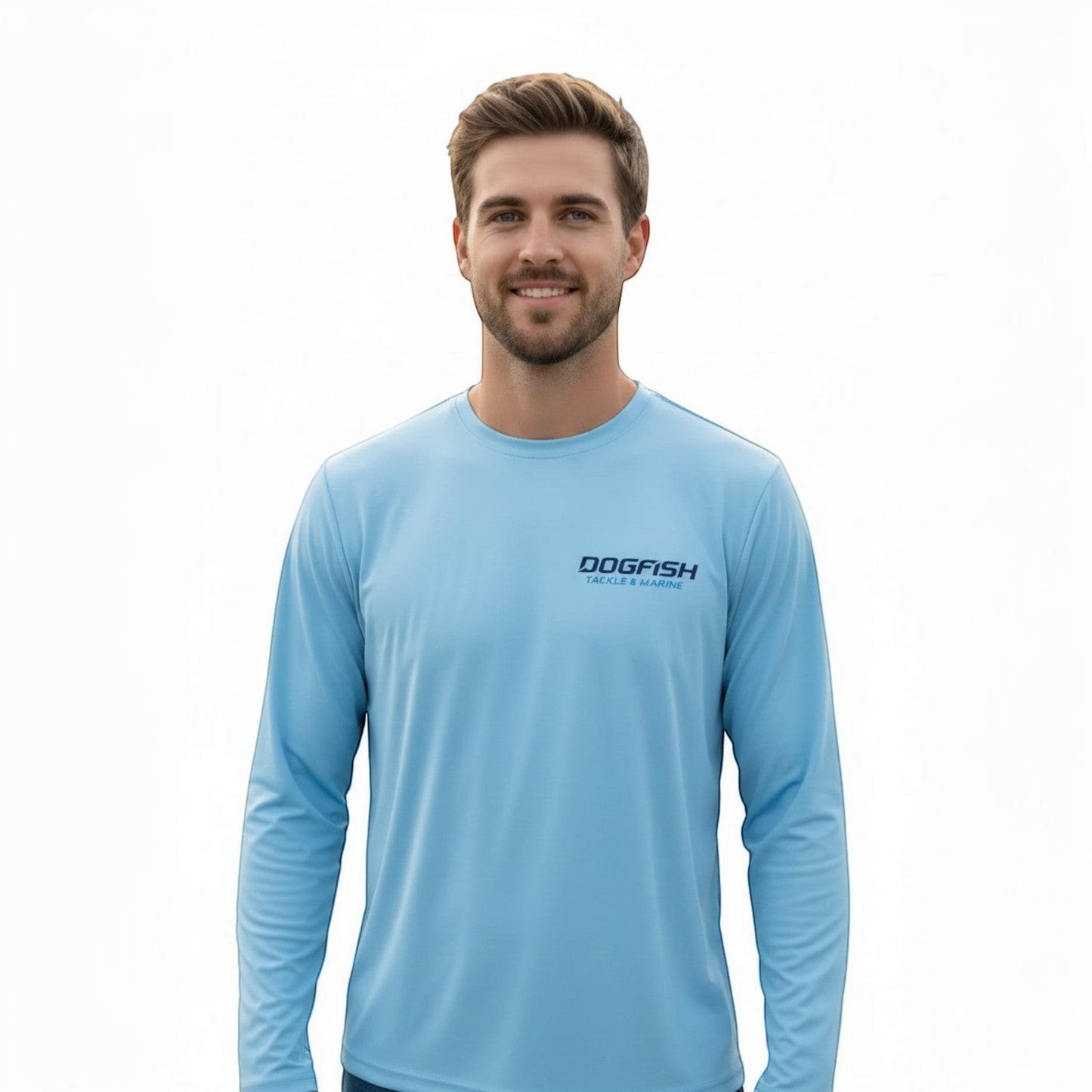 Dogfish Tackle & Marine light blue long sleeve microfiber performance shirt with UPF 50+ sun protection.