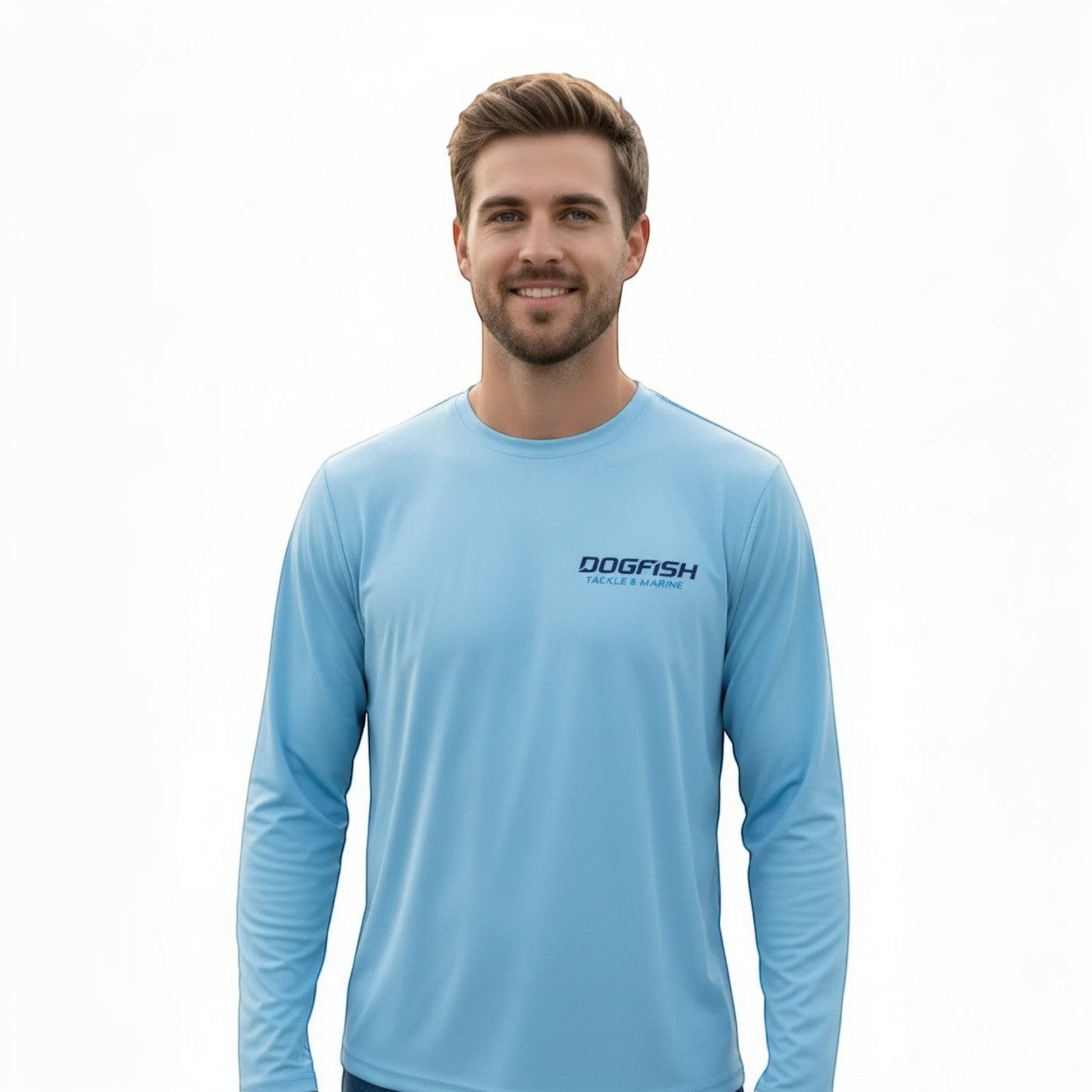 Dogfish Tackle & Marine light blue long sleeve microfiber performance shirt with UPF 50+ sun protection.