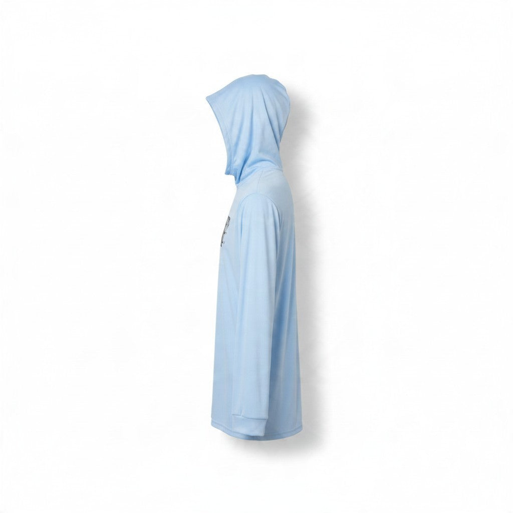 Dogfish Tackle & Marine light blue long sleeve performance hoodie with UPF 50+ protection and moisture management.