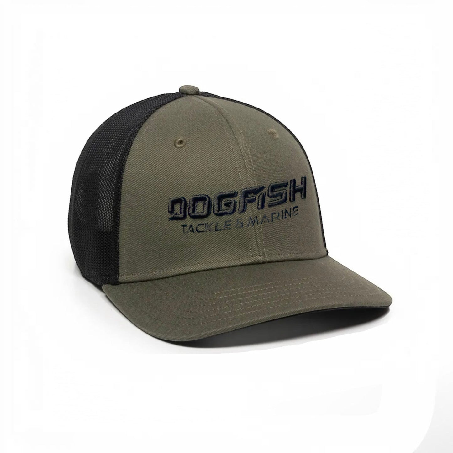 Dogfish Tackle & Marine olive green trucker hat with black mesh back and embroidered logo.