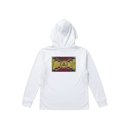 Dogfish Tackle & Marine white long sleeve hooded performance polyester shirt with "Don't Tread On Me" Florida flag graphic on back.