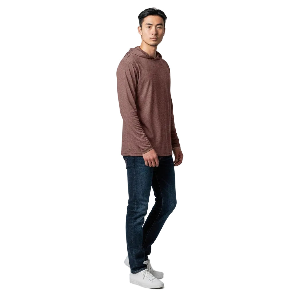 Dogfish Tackle & Marine men's long sleeve hooded performance polyester shirt in heathered brown with a chest logo.