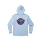 Dogfish Tackle & Marine light blue long sleeve hooded performance polyester shirt with fish logo on back.