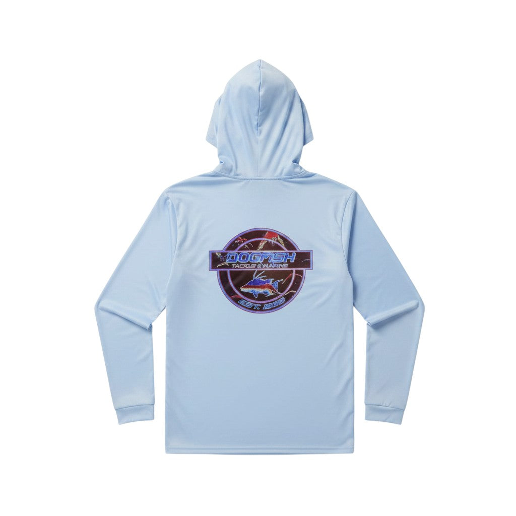 Dogfish Tackle & Marine light blue long sleeve hooded performance polyester shirt with fish logo on back.