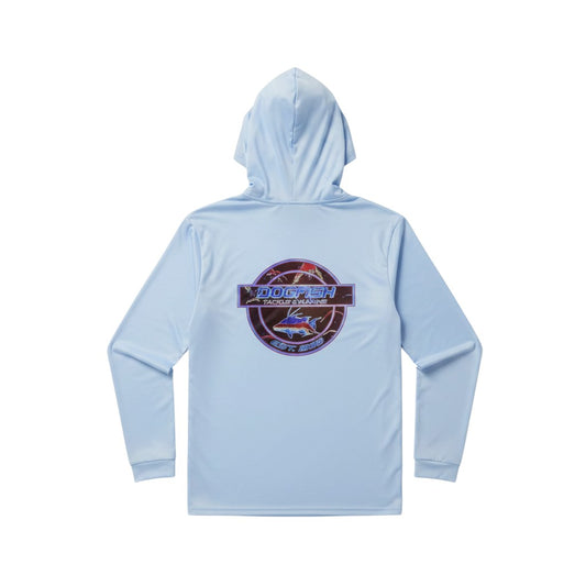 Dogfish Tackle & Marine light blue long sleeve hooded performance polyester shirt with fish logo on back.