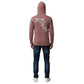 Dogfish Tackle & Marine maroon long sleeve hooded performance polyester shirt with Florida map logo on back.