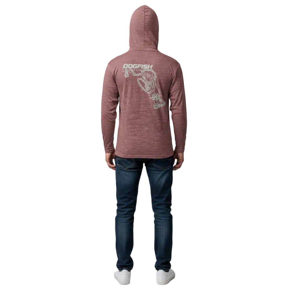 Dogfish Tackle & Marine maroon long sleeve hooded performance polyester shirt with Florida map logo on back.