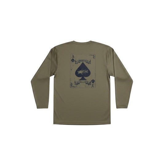 Dogfish Tackle & Marine long sleeve olive microfiber shirt with spade card graphic featuring a fish.
