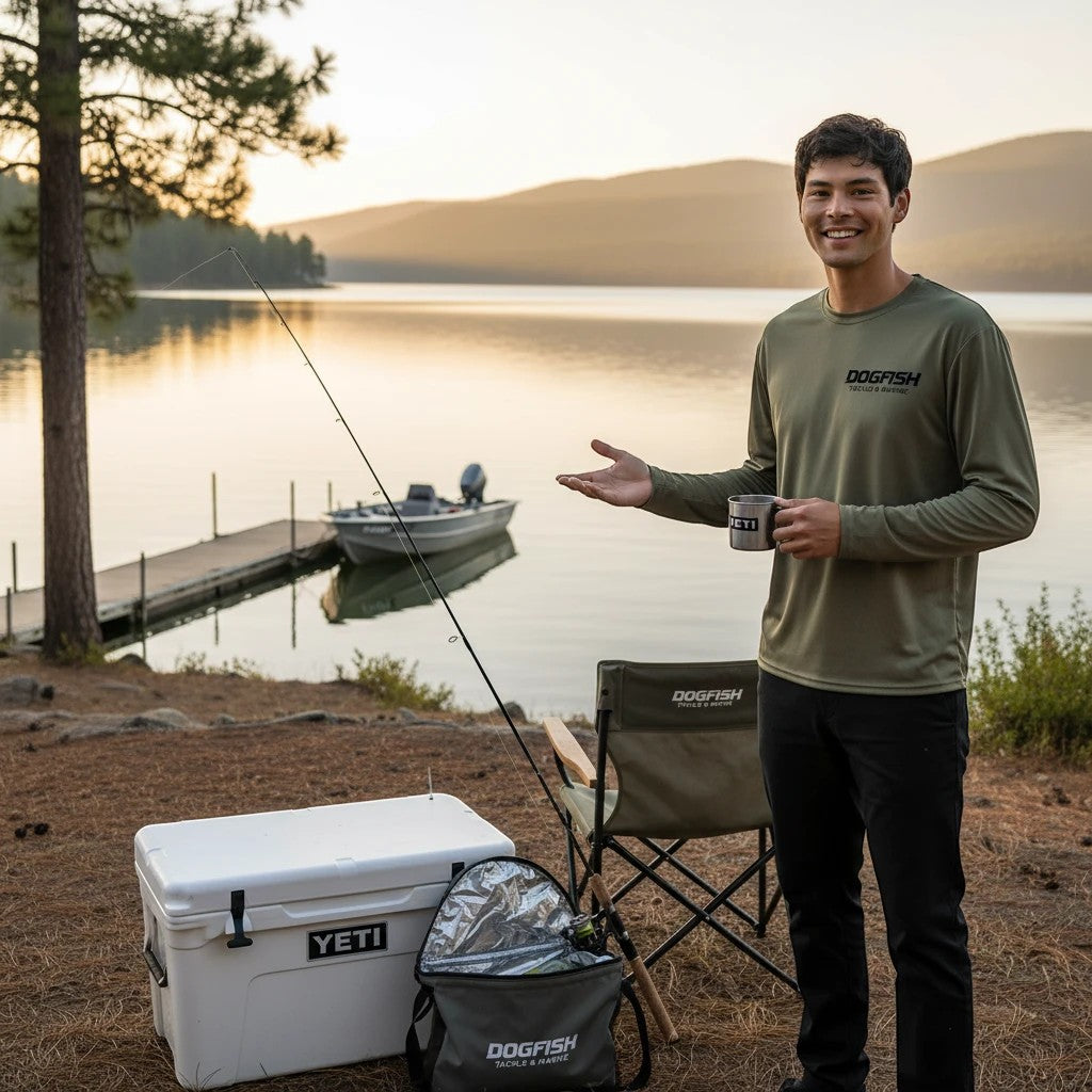Dogfish Tackle & Marine olive green long sleeve microfiber shirt with crew neck and black logo. Model stands by a lake with fishing gear.