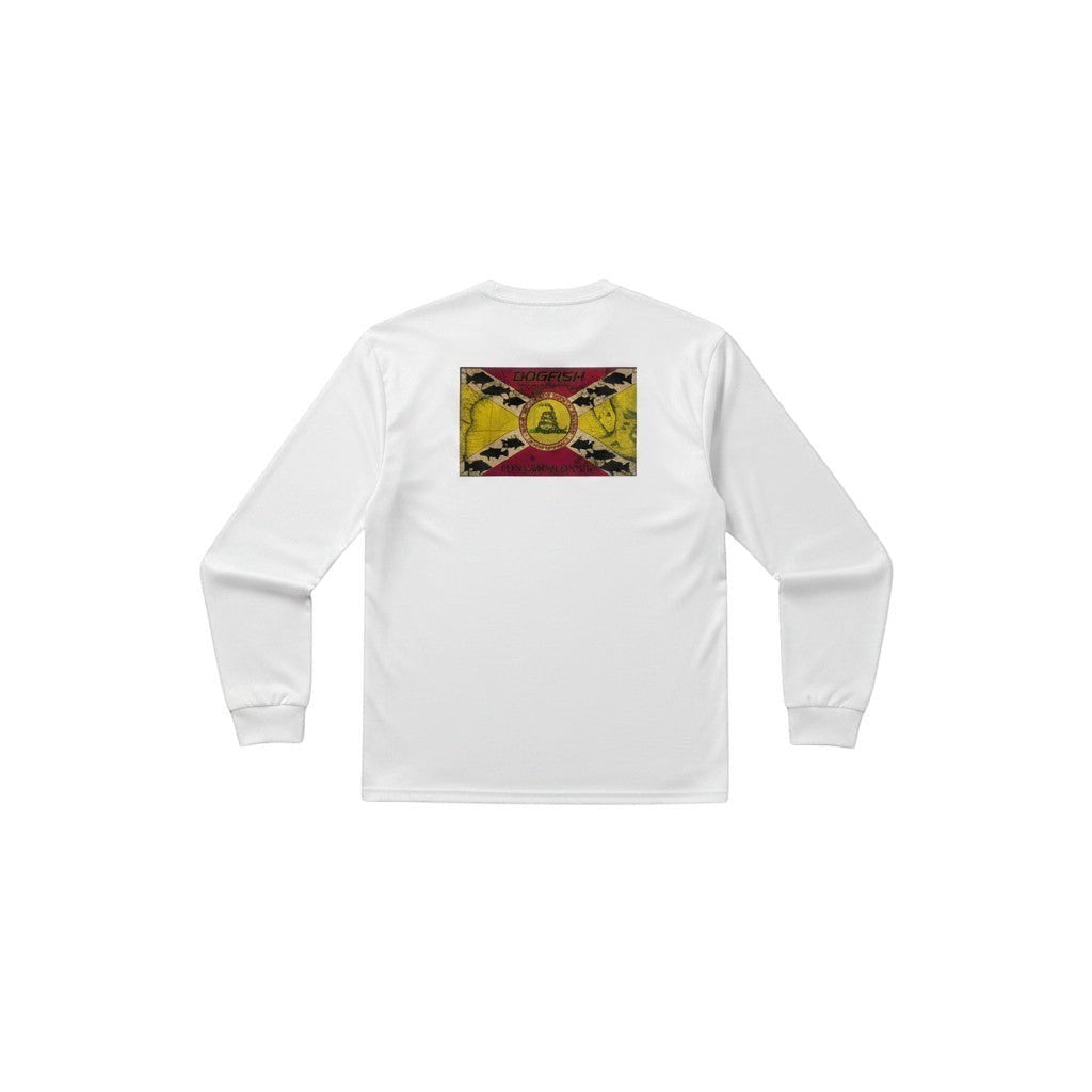 Dogfish Long Sleeve Microfiber T-shirt with Dont Tread On Me Florida flag graphic. White.