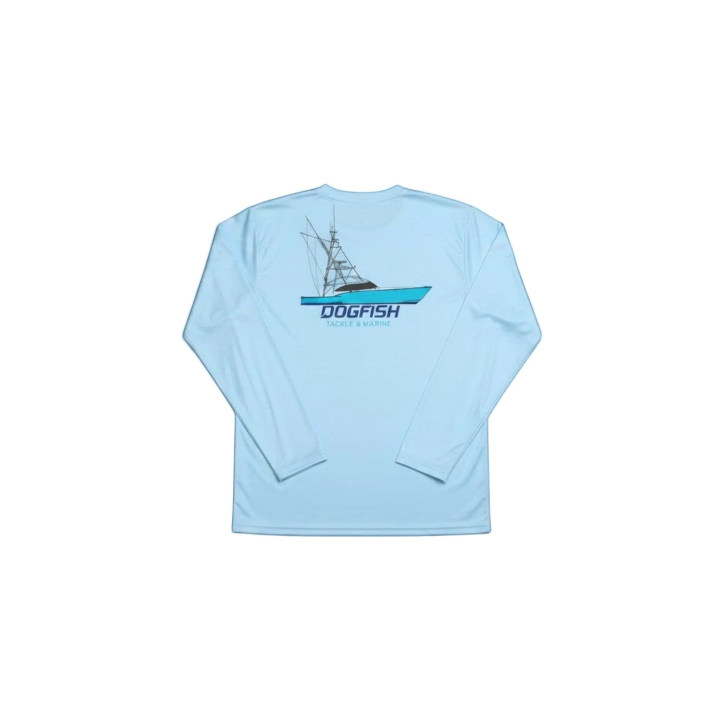 Dogfish Tackle & Marine light blue microfiber long sleeve shirt with a boat graphic on the back.