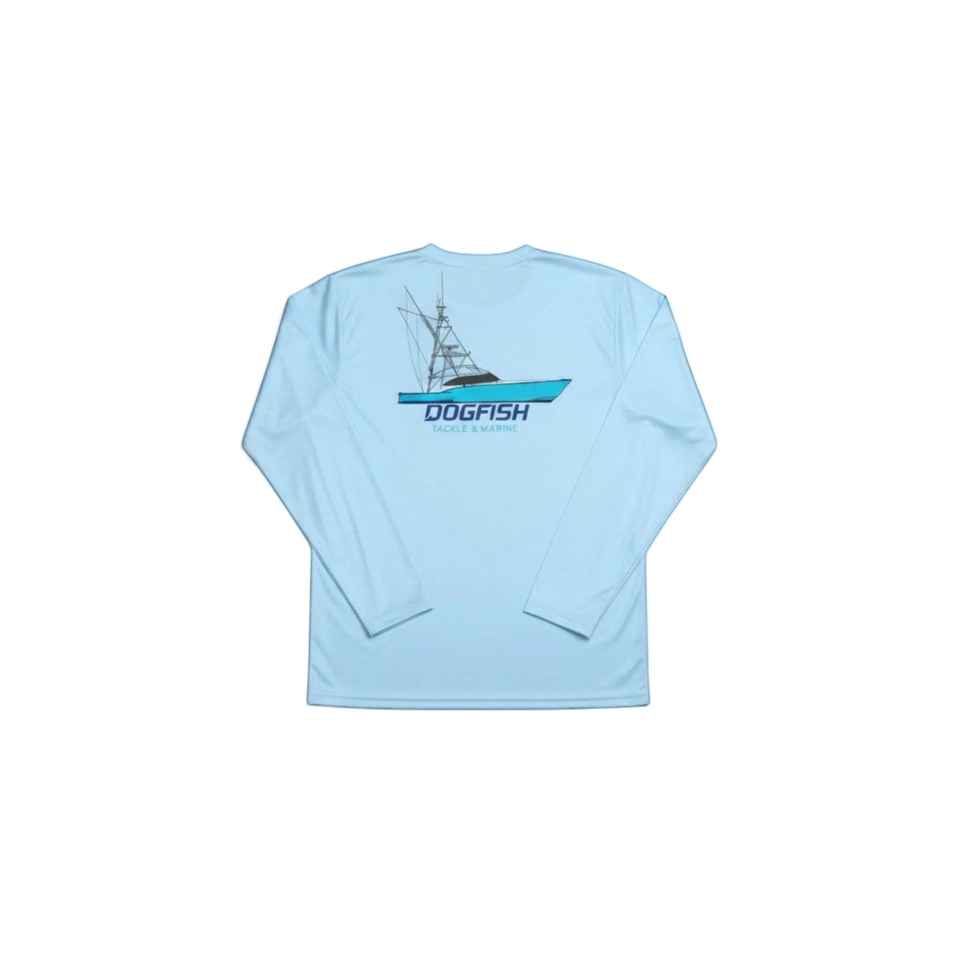 Dogfish Tackle & Marine light blue microfiber long sleeve shirt with a boat graphic on the back.
