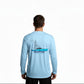 Dogfish Tackle & Marine light blue long sleeve microfiber shirt with boat graphic on back. UPF 50+ sun protection.