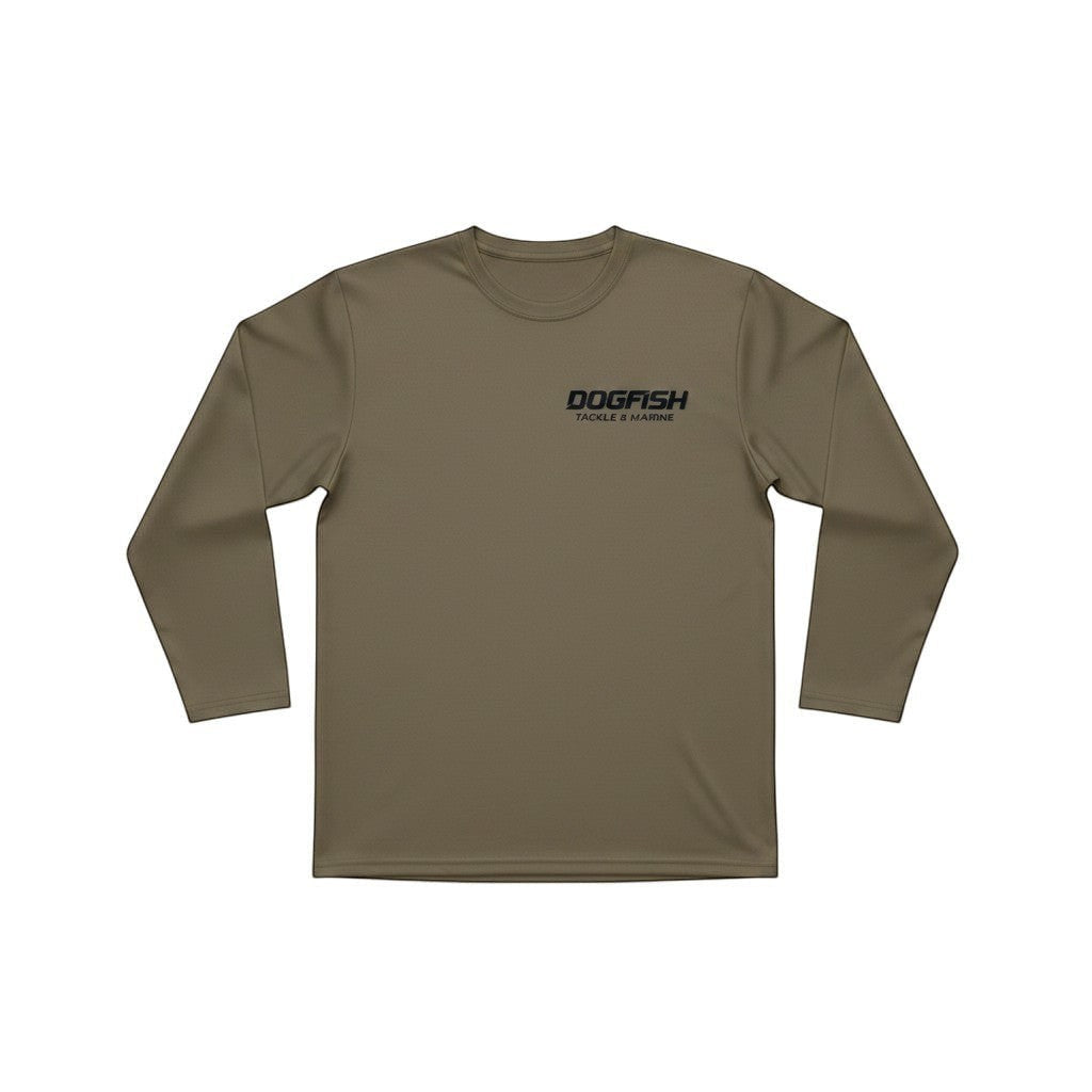 Dogfish Tackle & Marine long sleeve crew neck shirt in taupe, made of poly cotton jersey with a small chest logo.
