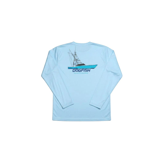 Dogfish Tackle & Marine light blue long sleeve microfiber shirt with a graphic of a sport fishing boat on the back.