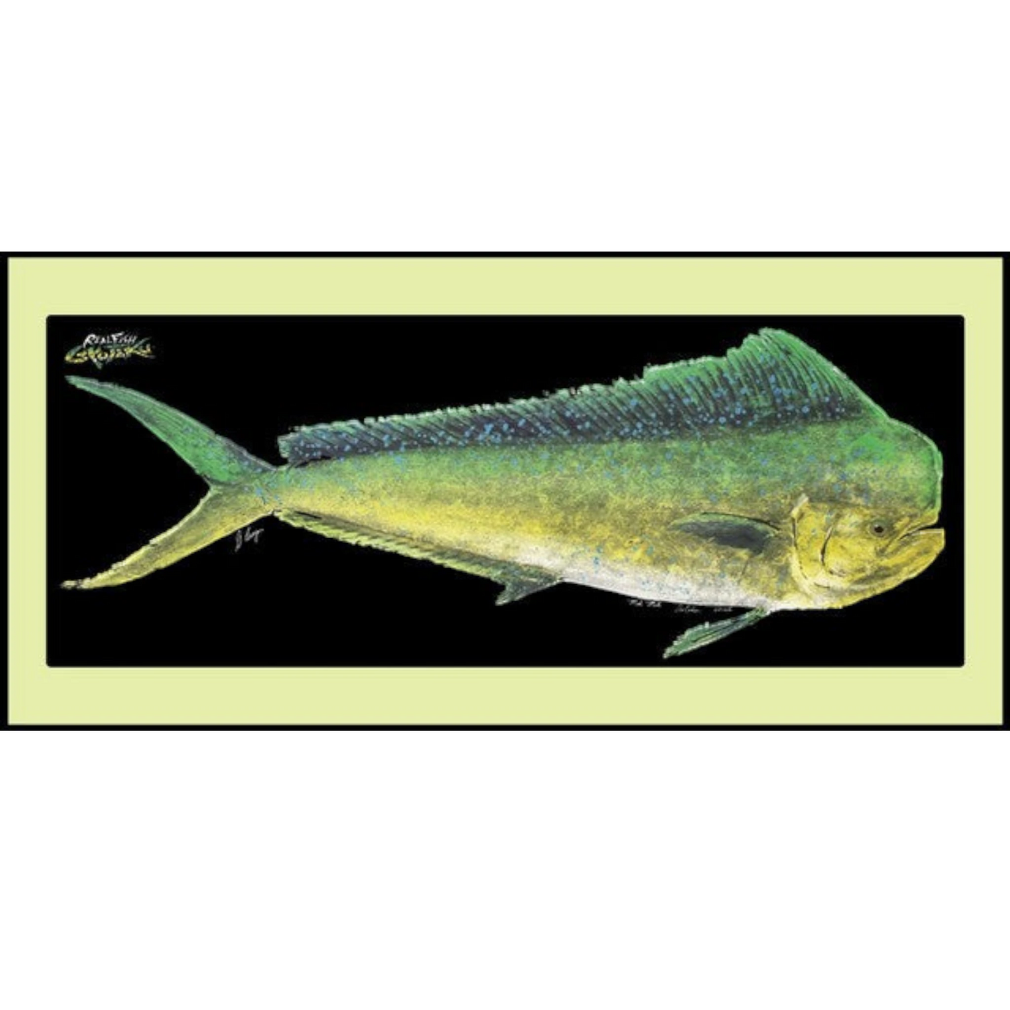 Dogfish Tackle & Marine Realfish indoor outdoor floor mat featuring a vibrant green mahi-mahi Gyotaku fish print.
