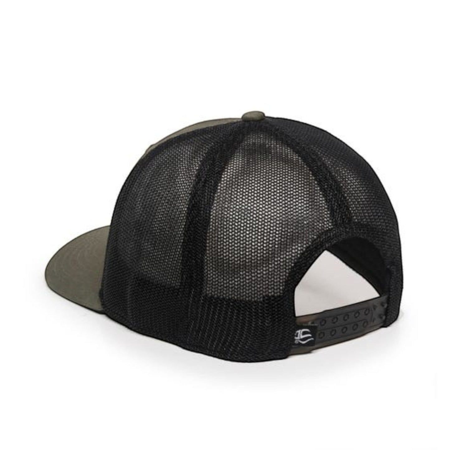Dogfish Tackle & Marine olive green and black mesh back trucker hat with adjustable snap closure.