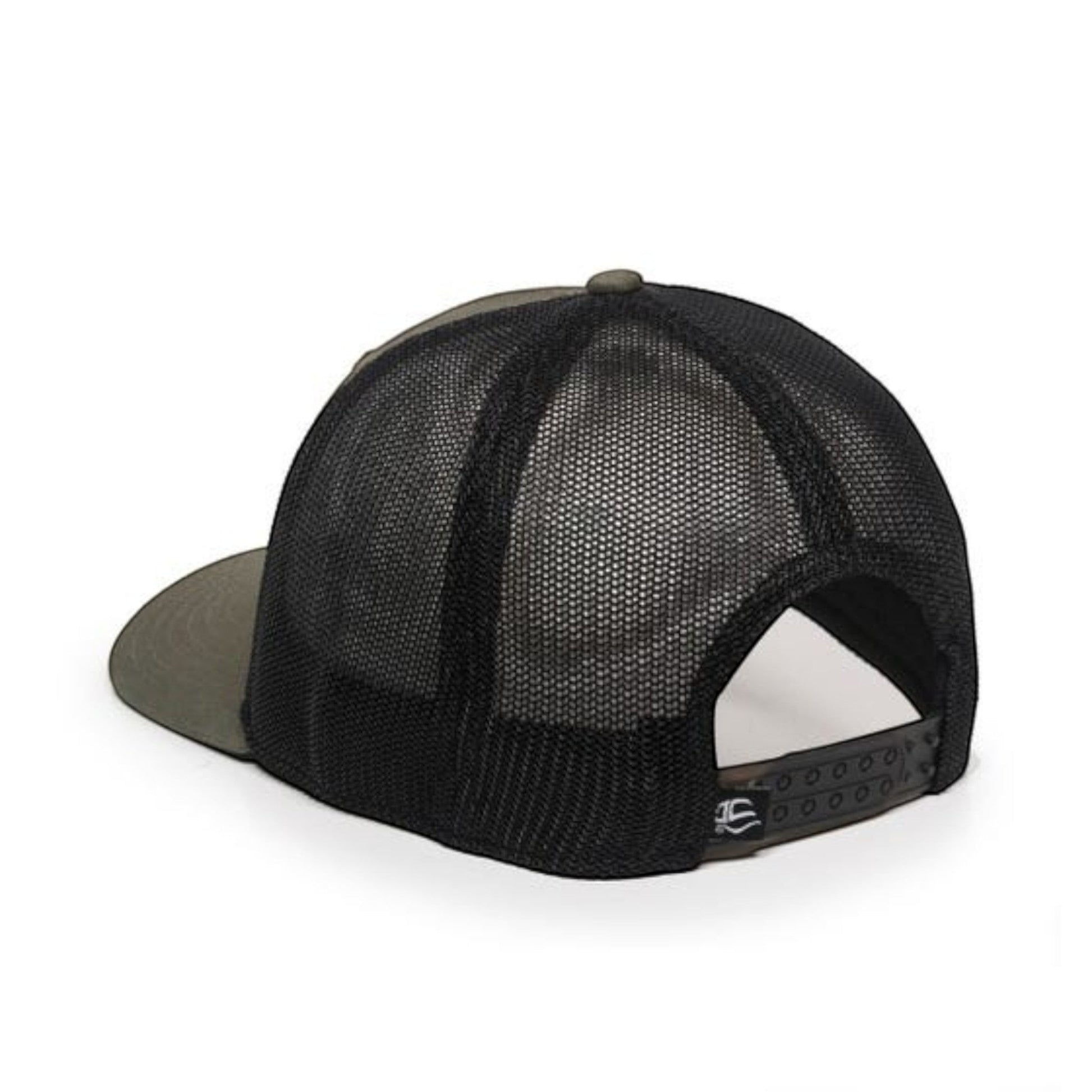 Dogfish Tackle & Marine olive green and black mesh back trucker hat with adjustable snap closure.
