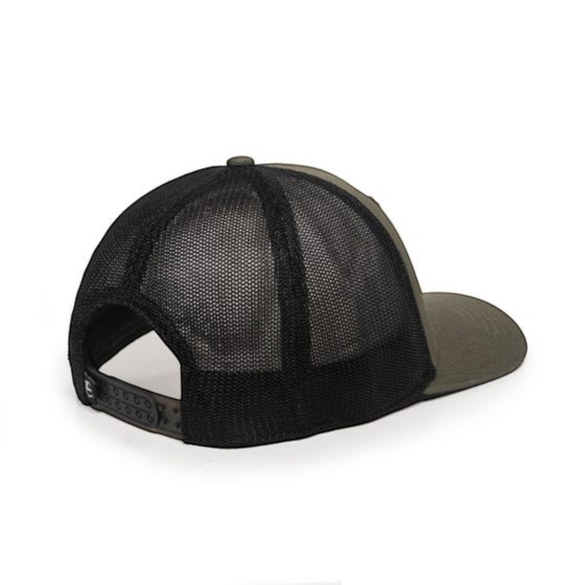 Dogfish Tackle & Marine olive green mesh back trucker hat with adjustable snap closure.