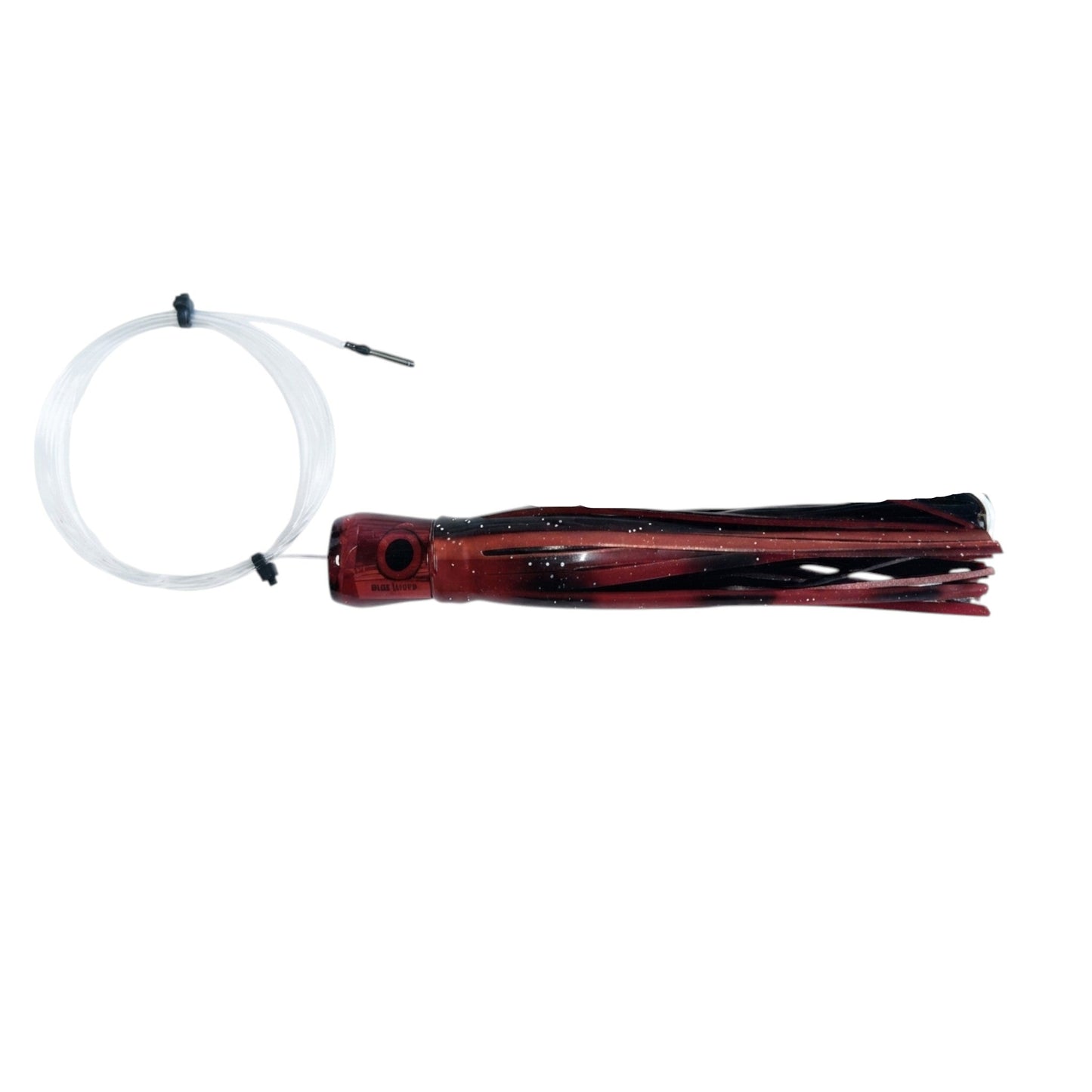 Dogfish Tackle & Marine pre-rigged Mutha Chugga trolling lure in dark red and black with monofilament leader