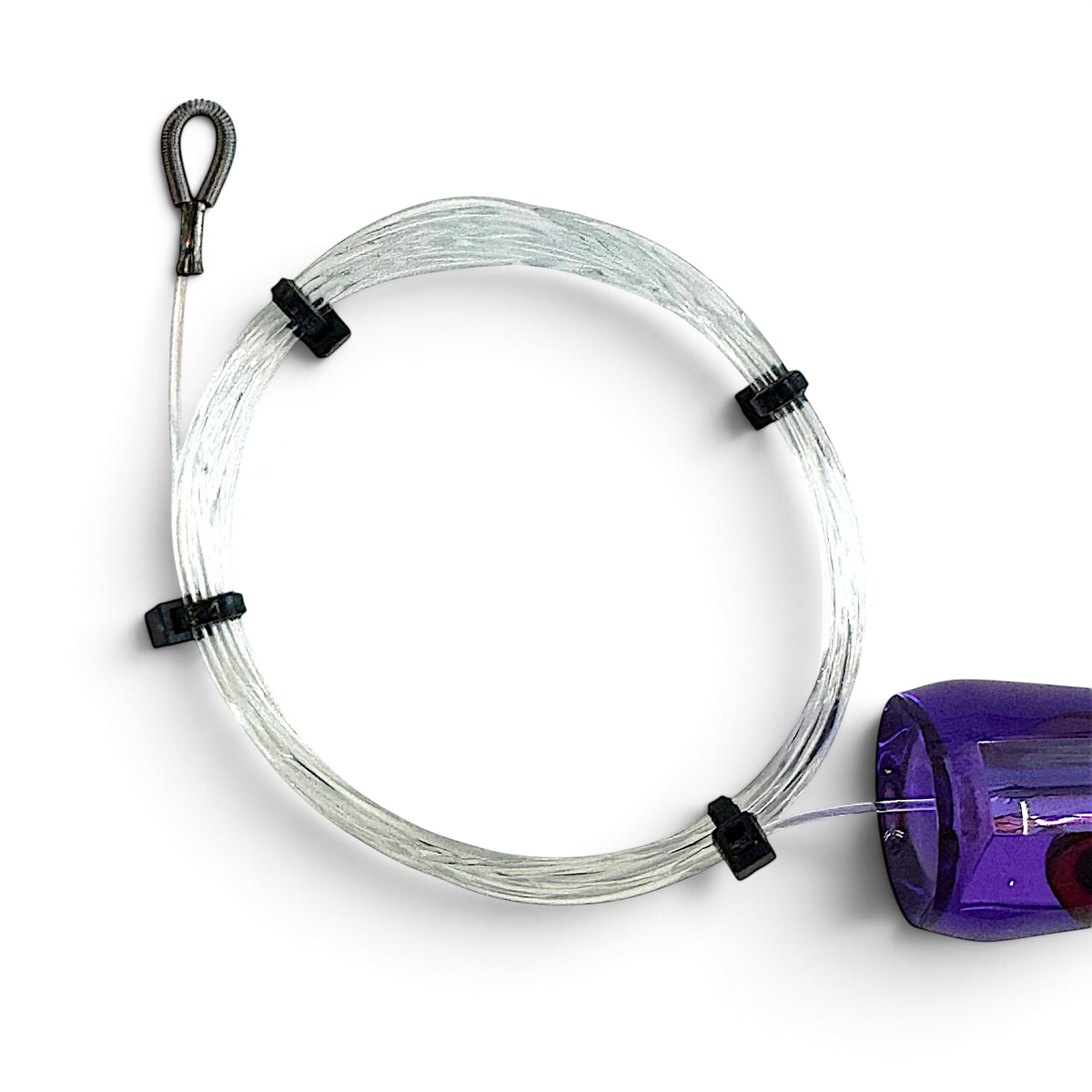 Dogfish Tackle & Marine pre-rigged Mutha Chugga trolling lure with clear monofilament line and purple chugger head