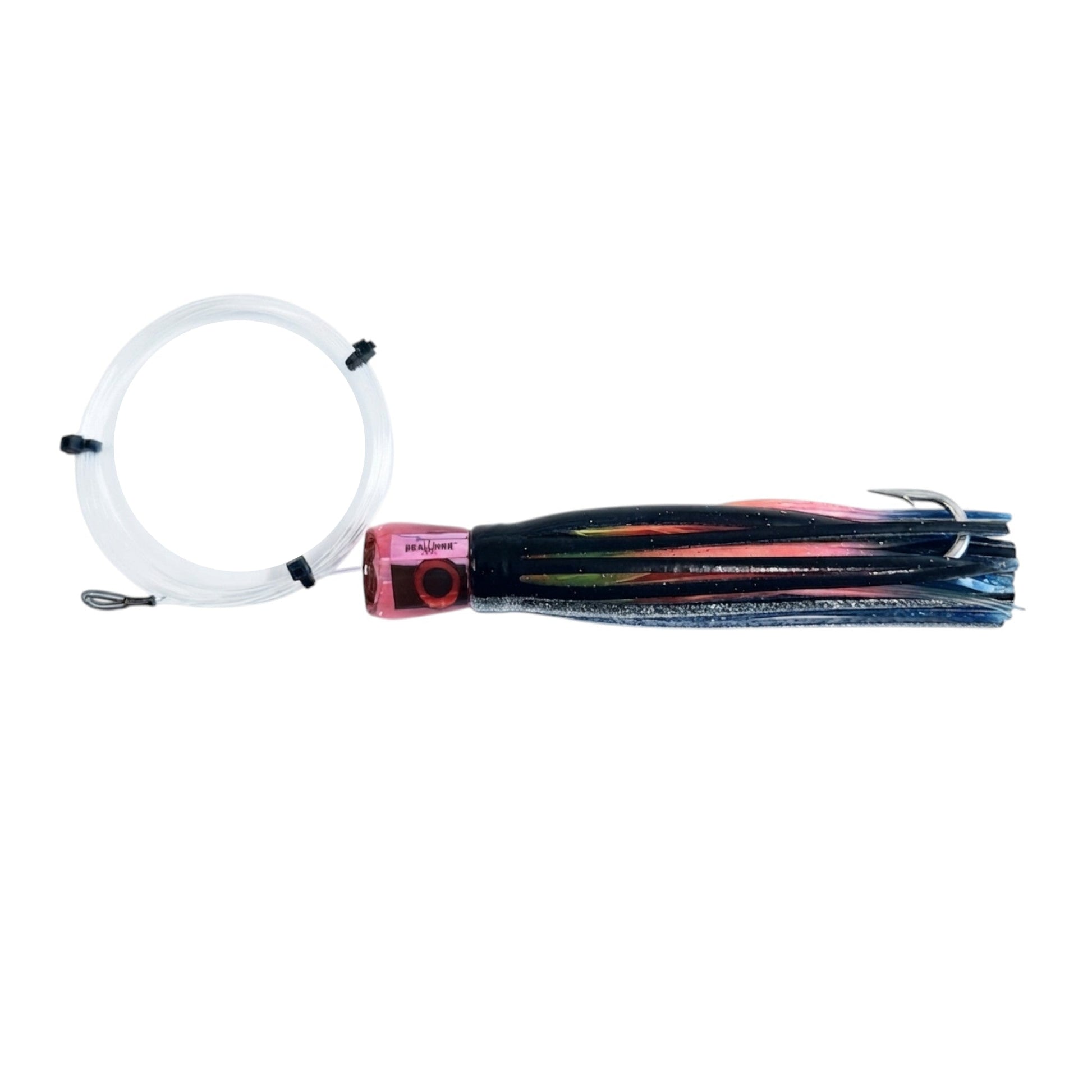 Dogfish Tackle & Marine Mutha Chugga trolling lure with black, pink, and blue skirt, stainless steel hook, and monofilament.