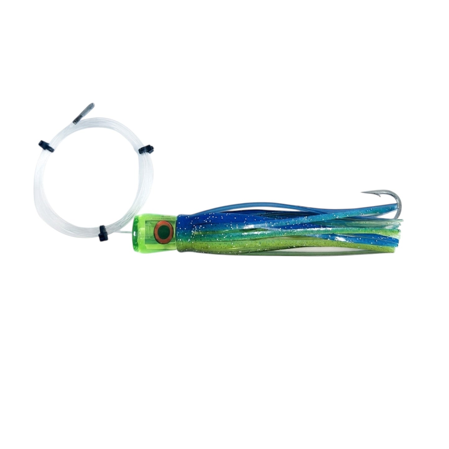 Dogfish Tackle & Marine Mutha Chugga trolling lure with green and blue skirt, stainless steel hook, and monofilament.