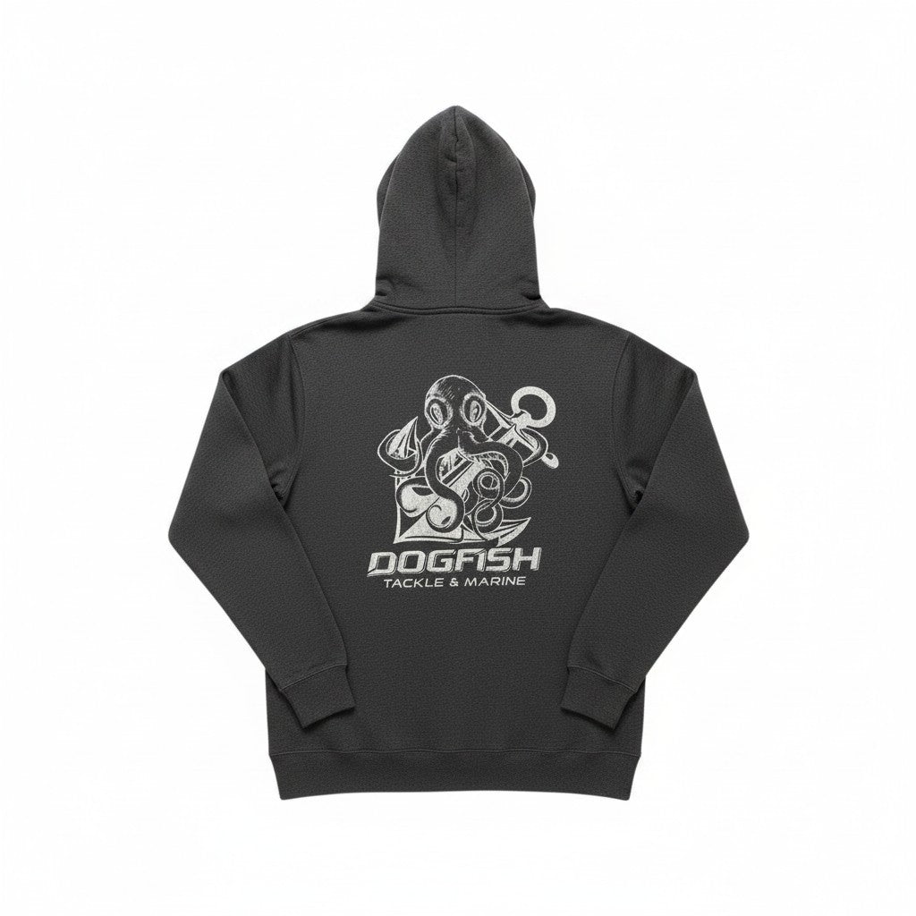 Dogfish Tackle & Marine dark grey cotton blend zip-up hoodie with octopus and anchor logo on chest.