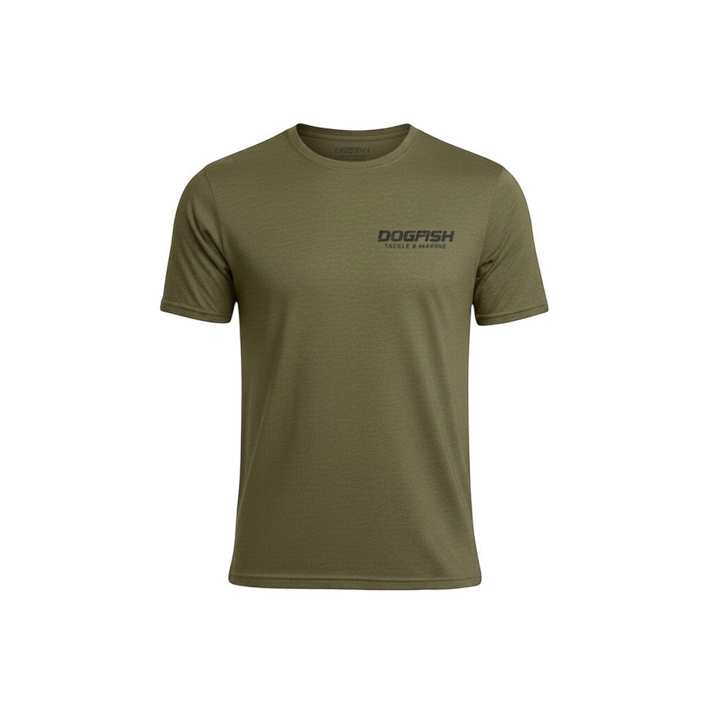 Dogfish Tackle & Marine olive green heather short sleeve t-shirt with chest logo. Poly cotton blend.
