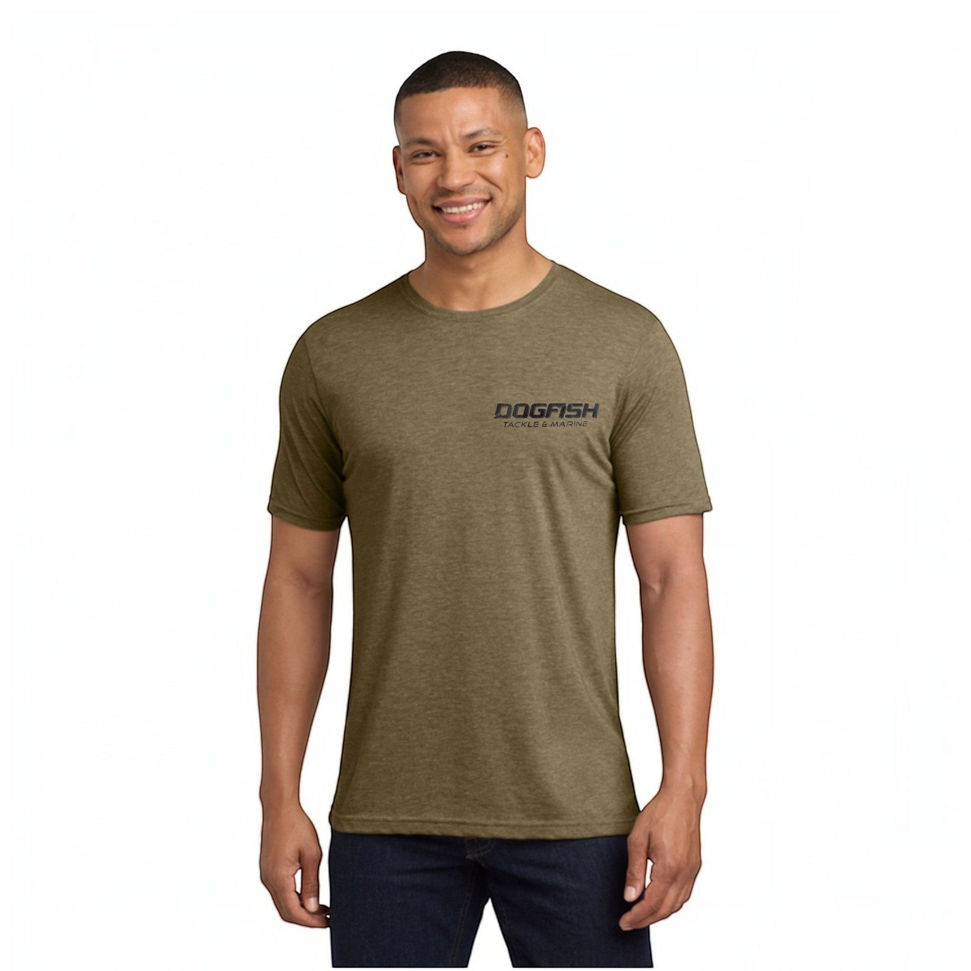 Dogfish Tackle & Marine olive green heather short sleeve t-shirt with chest logo. Poly Cotton Jersey.